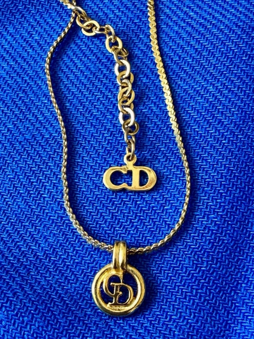 DIOR Gold Necklace Christian Dior CD Logo Round Pendant Necklace 17” Length